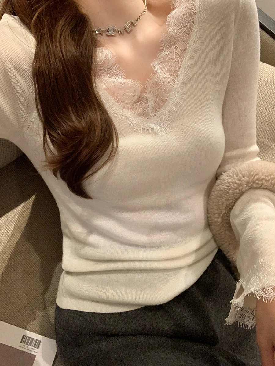 

MUKOK Женский вязаный топ с кружевным v-образным вырезом, внутренняя одежда, французский облегающий длинный свек, однотонный базовый слой для девочек