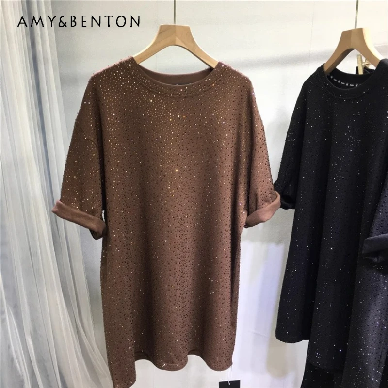 

Ladies Brushed Thickened Full Rhinestone Front And Back O-Neck Loose Mid-length Oversized Tshirts Winter Versatile Pullover Tees