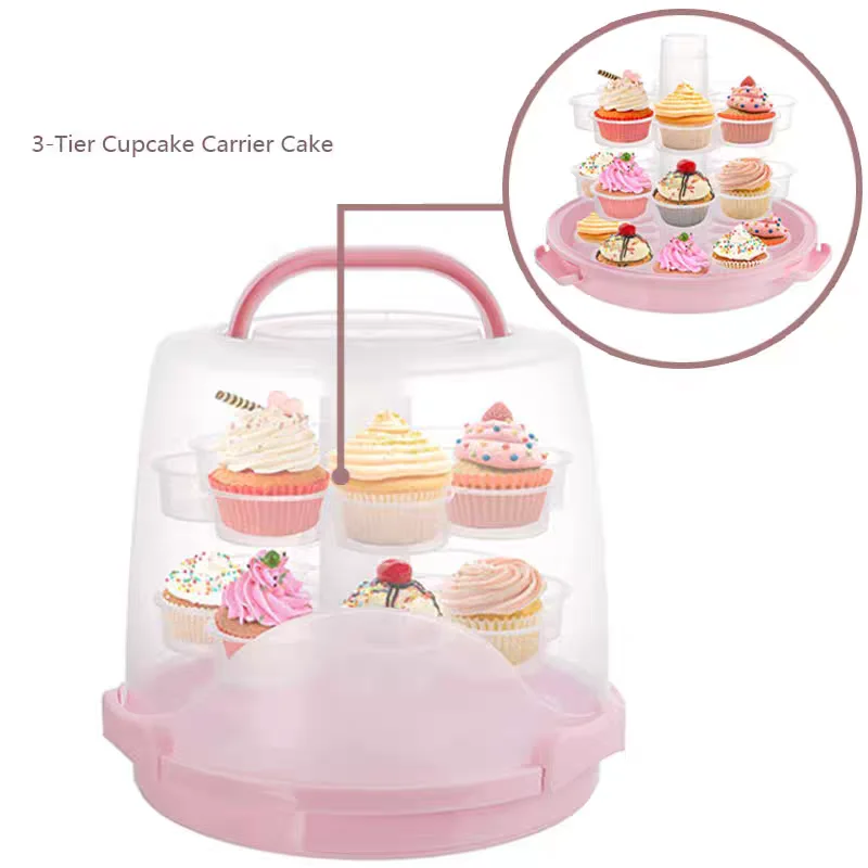 3-layer 24 Cup Portable Cake Rack Pink Transparent Transport Box Dessert Display Storage Box Kitchen Supplies