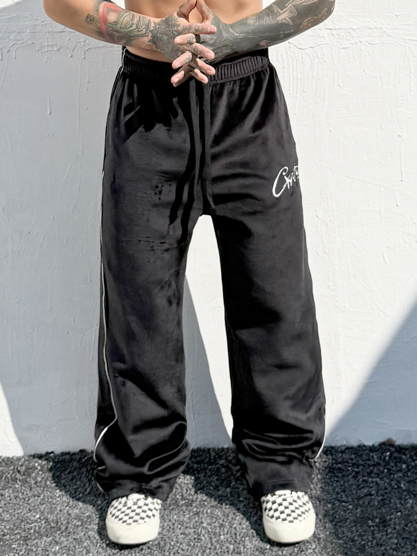 

Trendy American Loose Straight Leg Casual Pants Men's Side Stripe Sports Pants Elastic Waist Dstring Set Long Trousers