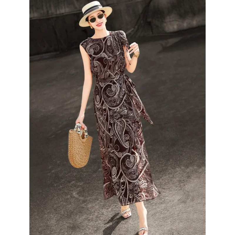 MEXCOCO 2026 Summer Retro Round Neck Sleeveless Paisley Print Drawstring Tie Waist Chiffon Resort Midi Dress