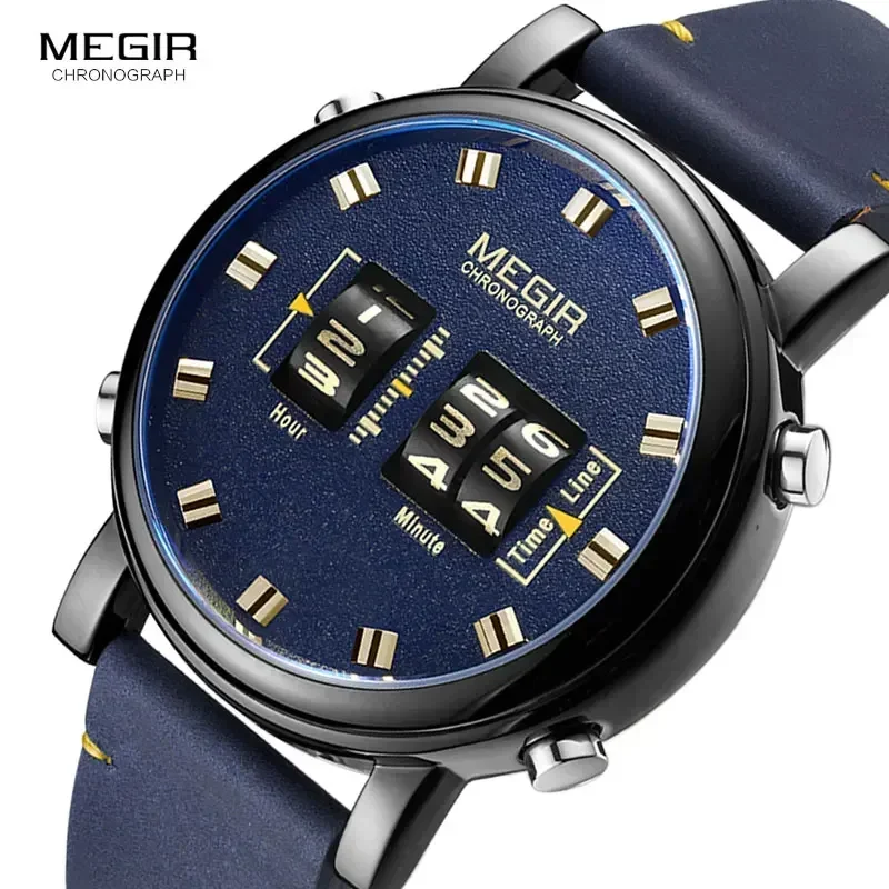 MEGIR Drum Roller Watch Men Top Luxury Brand Man Military Sport Quartz Wrist Watches Blue Leather Digital relogio masculino 2137