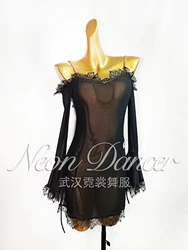 Neondancer New Women's Latin Dance Costume, Mesh Long-Sleeved Lace Training Outfit, Backless Dress