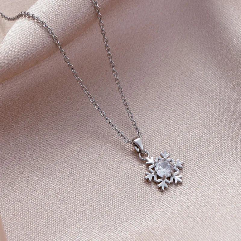 Women Girls Cute Snowflake Pendant Necklace Crystal Choker Stainless Steel Chain Snow Necklace Jewelry Christmas New Year Gift