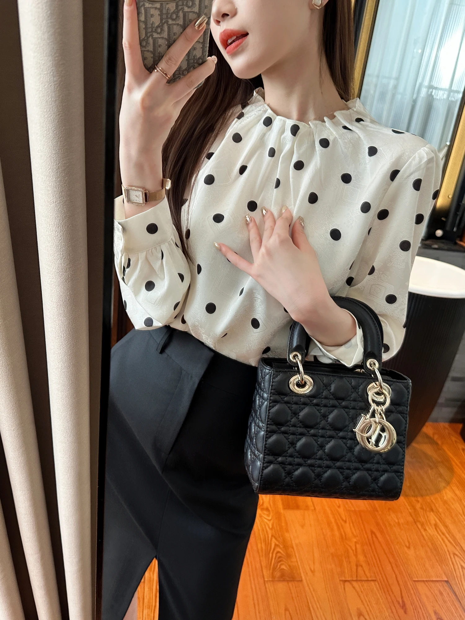 

Romantic Polka Dot White Top for Women Ele Sle Long Sve Breathable Comfortable Spring Commute ential Casual irt