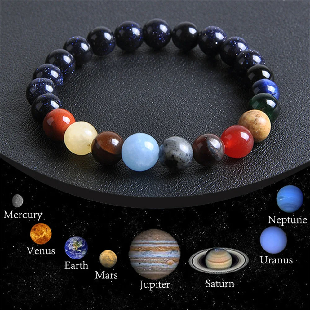 Universe Eight Planet Couple Bracelet Galaxy Solar System Natural Stone Stars Earth Moon Bracelets for Women Man's Gift Jewelry