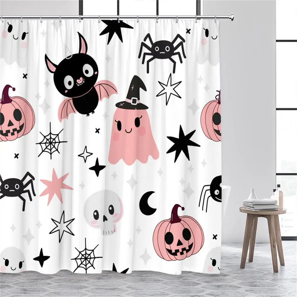 Cartoon Halloween Shower Curtain Black Spider Bat Ghost Skull Grey Bath Curtains Fabric Home Bathroom Decor washable with Hooks