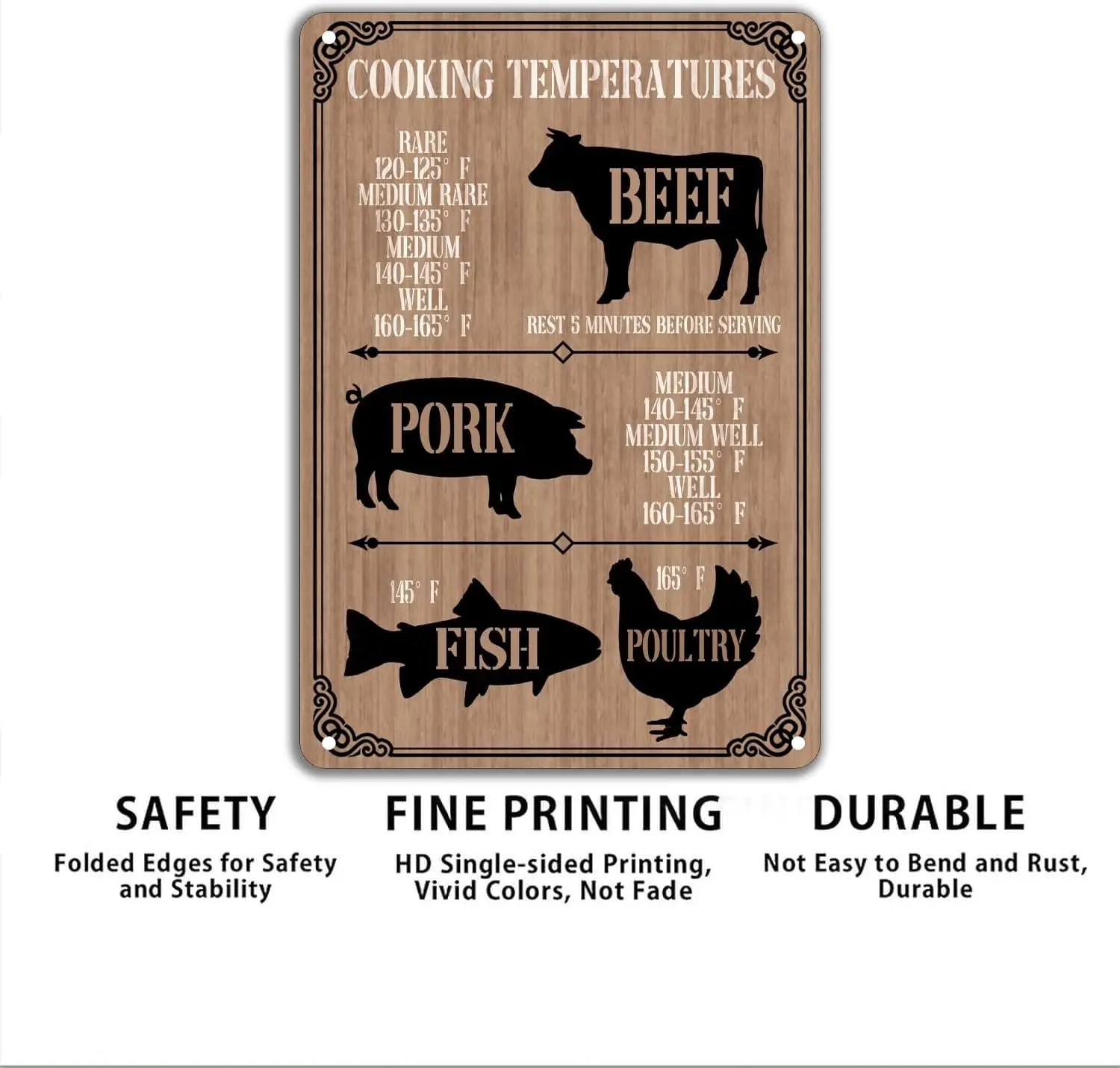 Funny Metal Vintage Tin Sign Decor Cooking Temperatures Chart Meat Poultry Home Coffee Dining Room Wall Decor 20 X 30 cm, 8x12 i