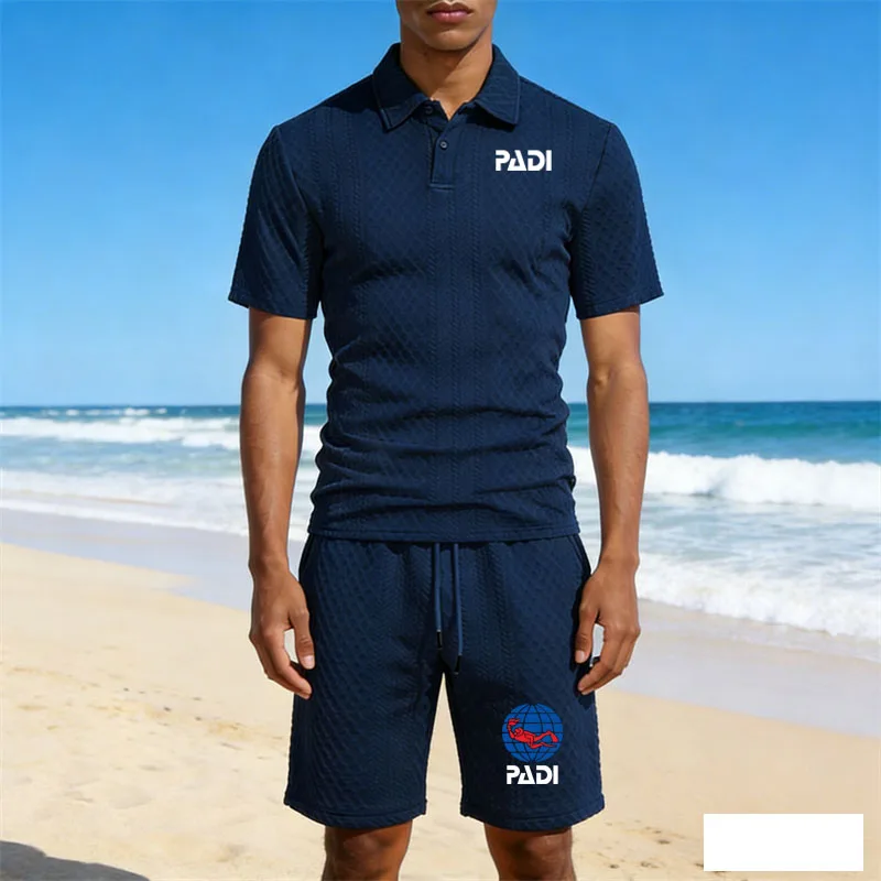 2026 new summer men's sportswear men's POLO shirt set fashion Scuba Driver Padi printed Lapel T-shirt + shorts men's 2-piece set