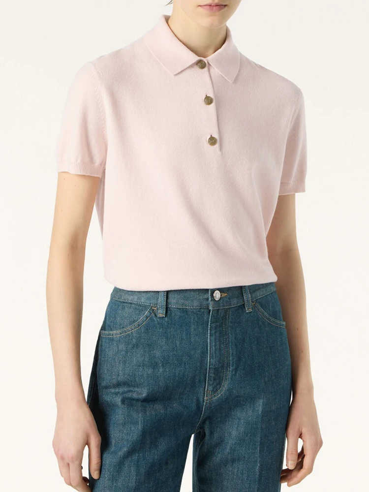 

Spring Summer Fashion Daily Casual Knitting Pullovers Women's Turn-down Collar Button Loose Short Sleeve Solid Color Tops
