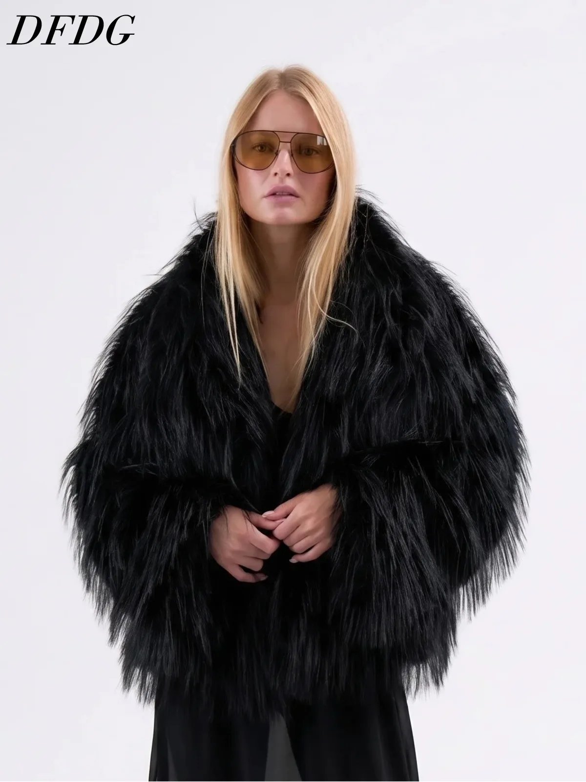 DFDG Women 2026 Long Shaggy Faux Fur Cape Coat Open Front Loose Oversized Fringe Fluffy Trendy Winter Evening Outerwear Fur