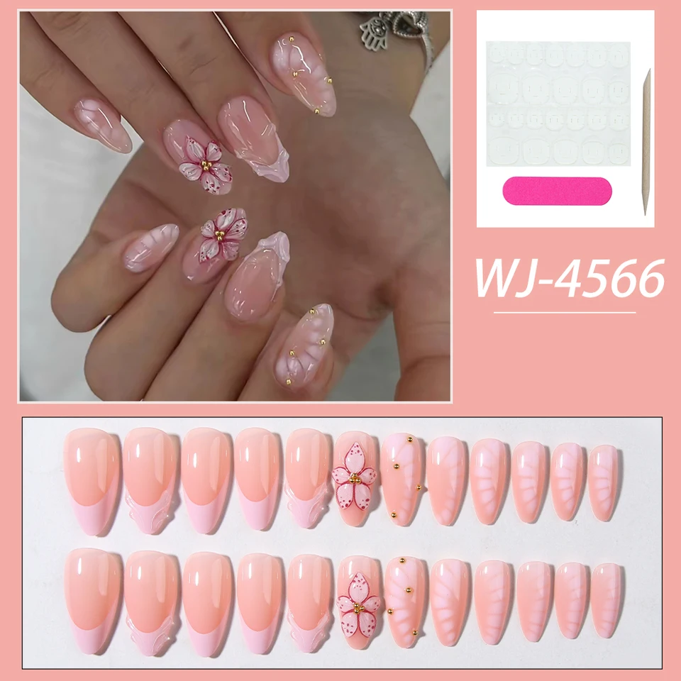 24 piezas de uñas postizas almendradas estilo Y2K con flores 3D de gel blanco, decoradas con cuentas doradas, para parches de manicura francesa 6