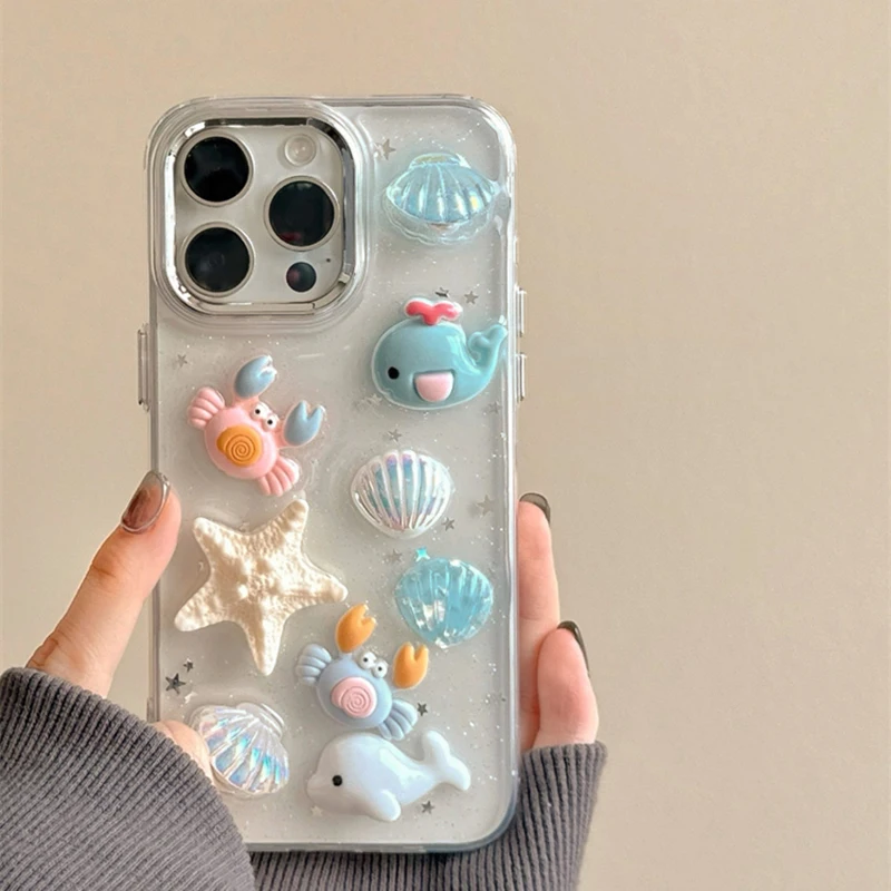 

Cute 3D Seashell Starfish Conch Glitter Phone Case For iPhone 16 Pro Max 15 13 12 11 14 Plus TPU Back Cover