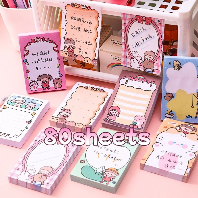 80/640sheets Cartoon Sticky Notes Cute Stationery Self-Stick Creativity Office Pink Blue Girl Memo Pads for Student School
