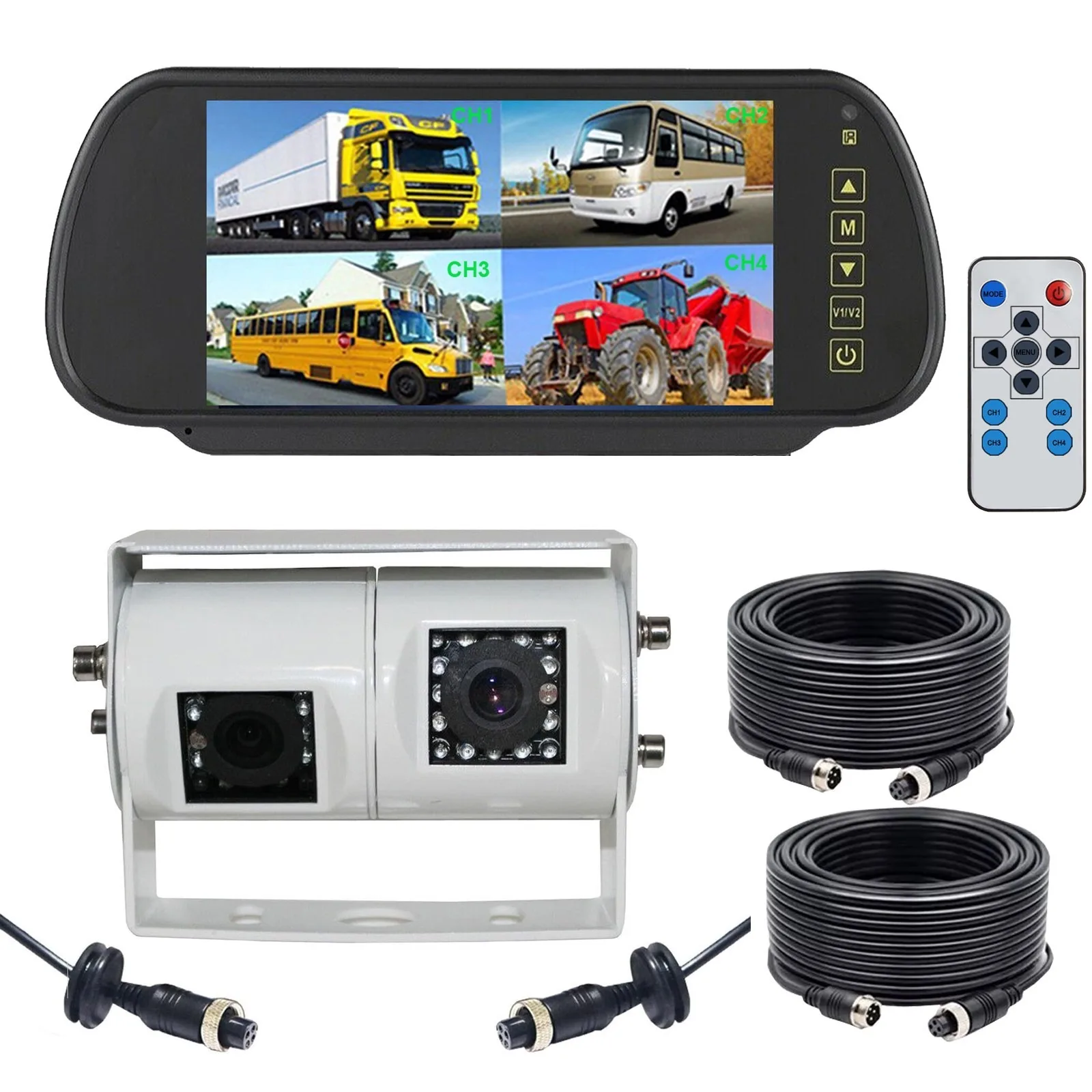 

Lastbus 7" Split Mirror Monitor+Dual Twin Joint Reversing Backup Camera RV Truck Caravan