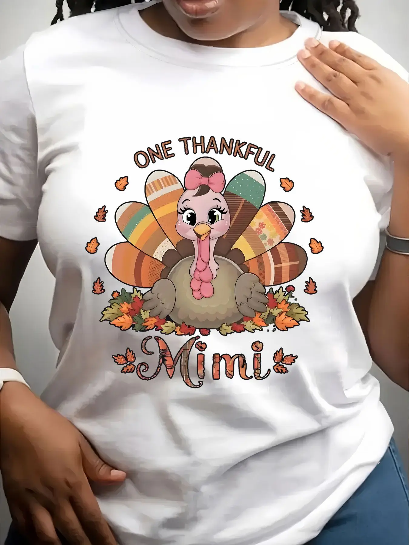 Women's Trendy Crew Neck T-Shirt One Thankful Mimi Turkey Design Suitable for Casual Sportswear
