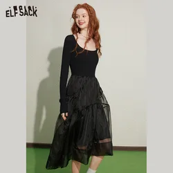 ELFSACK  Spliced Black Dresses Woman 2023 Summer/Autumn  Slim Long Sleeve Daily Dress