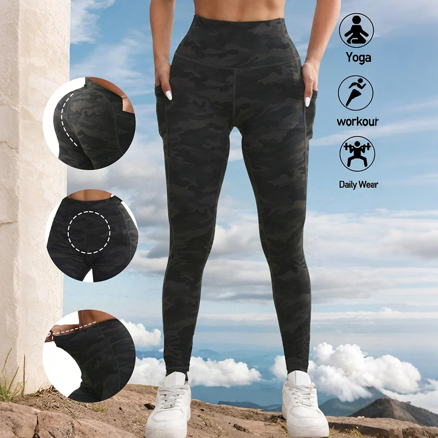 

Женские леггинсы с камуфляжным принтом и карманами, высокая талия, подтягивающие ягодицы, тренировочные колготки, тонкие эластичные брюки, повседневная одежда