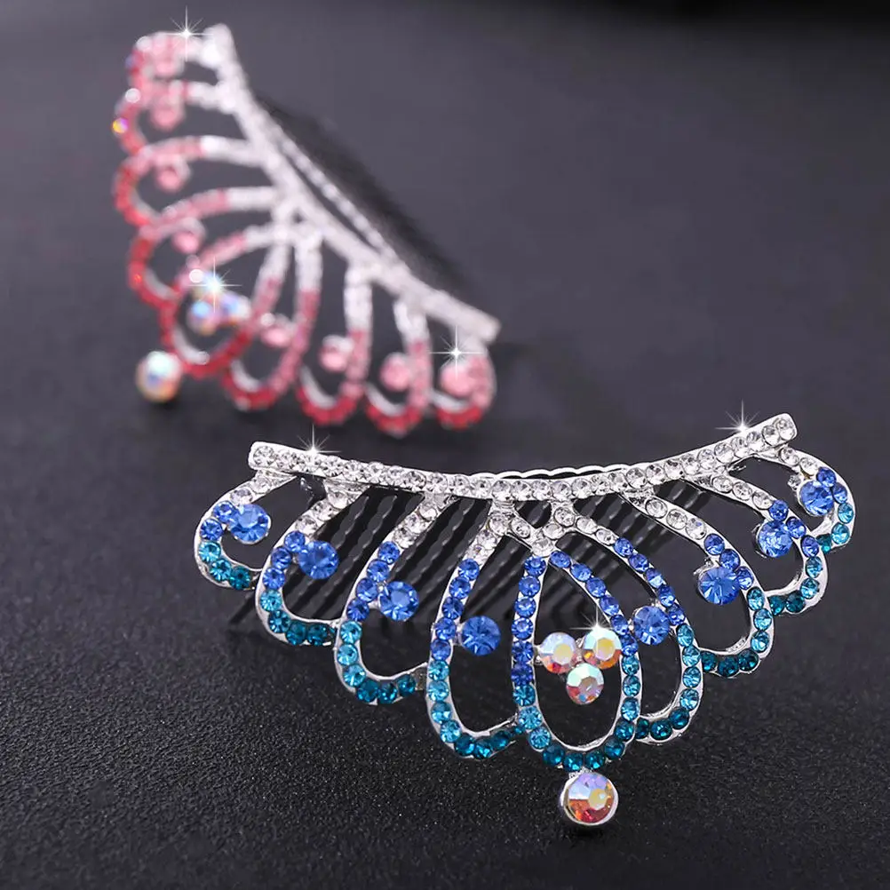 

3Pcs Girls Crown Comb Kids Crystal Headdress Shiny Tiara for Performance Party Birthday Celebration Silver White Blue Pink