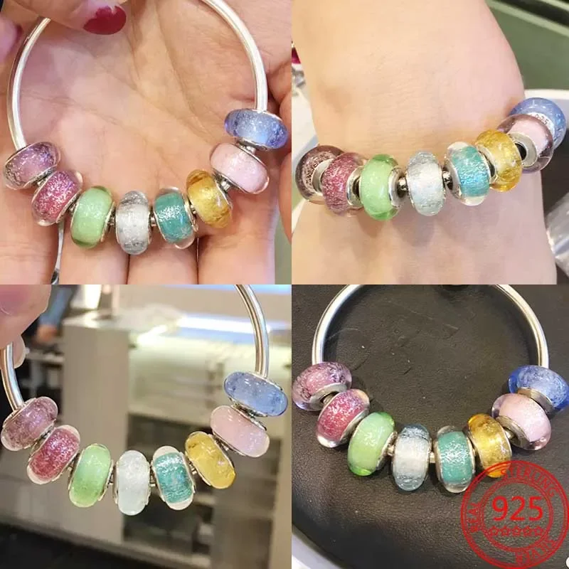 Cuentas brillantes de Plata de Ley 925, abalorios de cristal de Murano, Galaxia, estrellas, trébol, corazón, burbujas, compatibles con pulsera Pandora, joyería artesanal para mamá