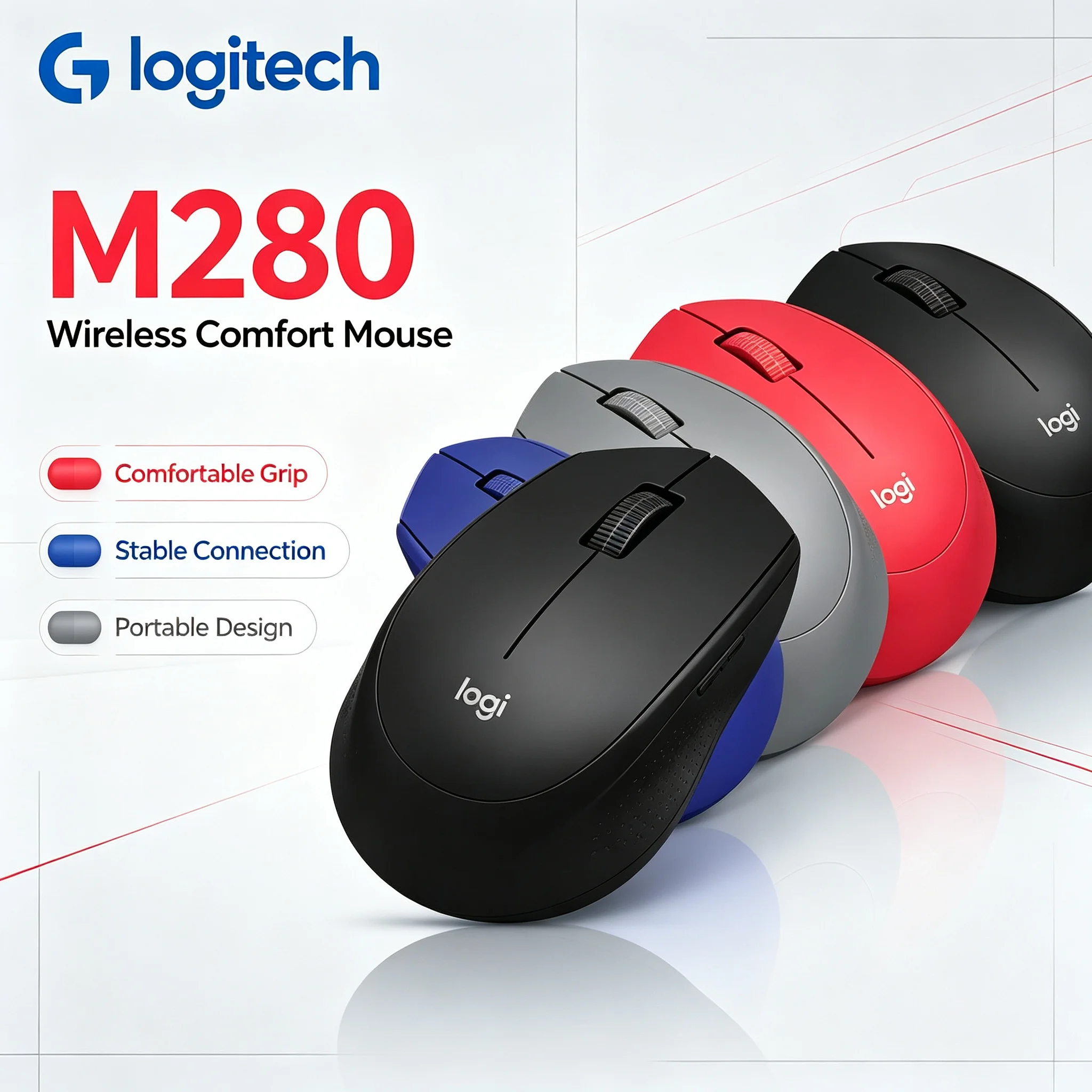 Logitech M280 Ergonomic Contoured Wireless Optical Mouse 1000 DPI Plug and Play USB Mice For Home Business Office