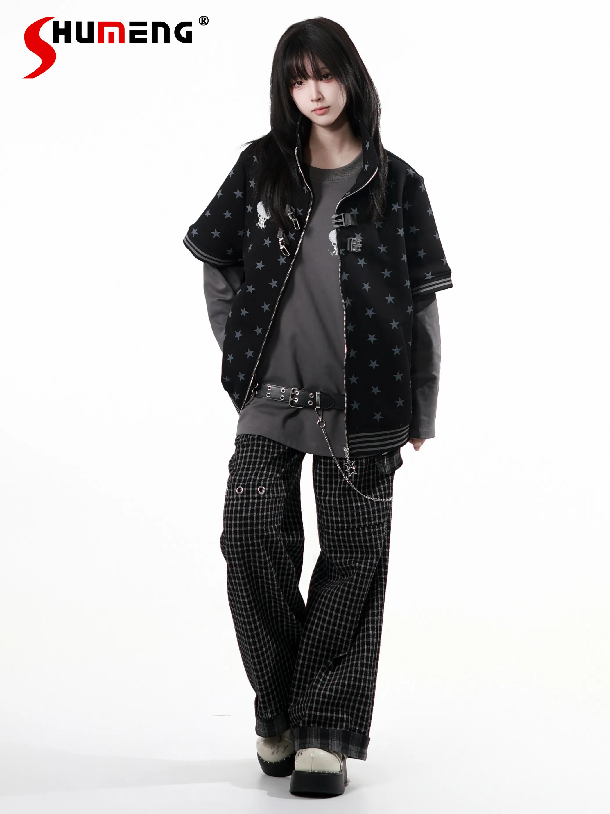 

Оригинальный комплект в стиле панк для девушек: весенний костюм в студенческом стиле Y2K, модная куртка с коротким рукавом, рубашка, топ и юбка