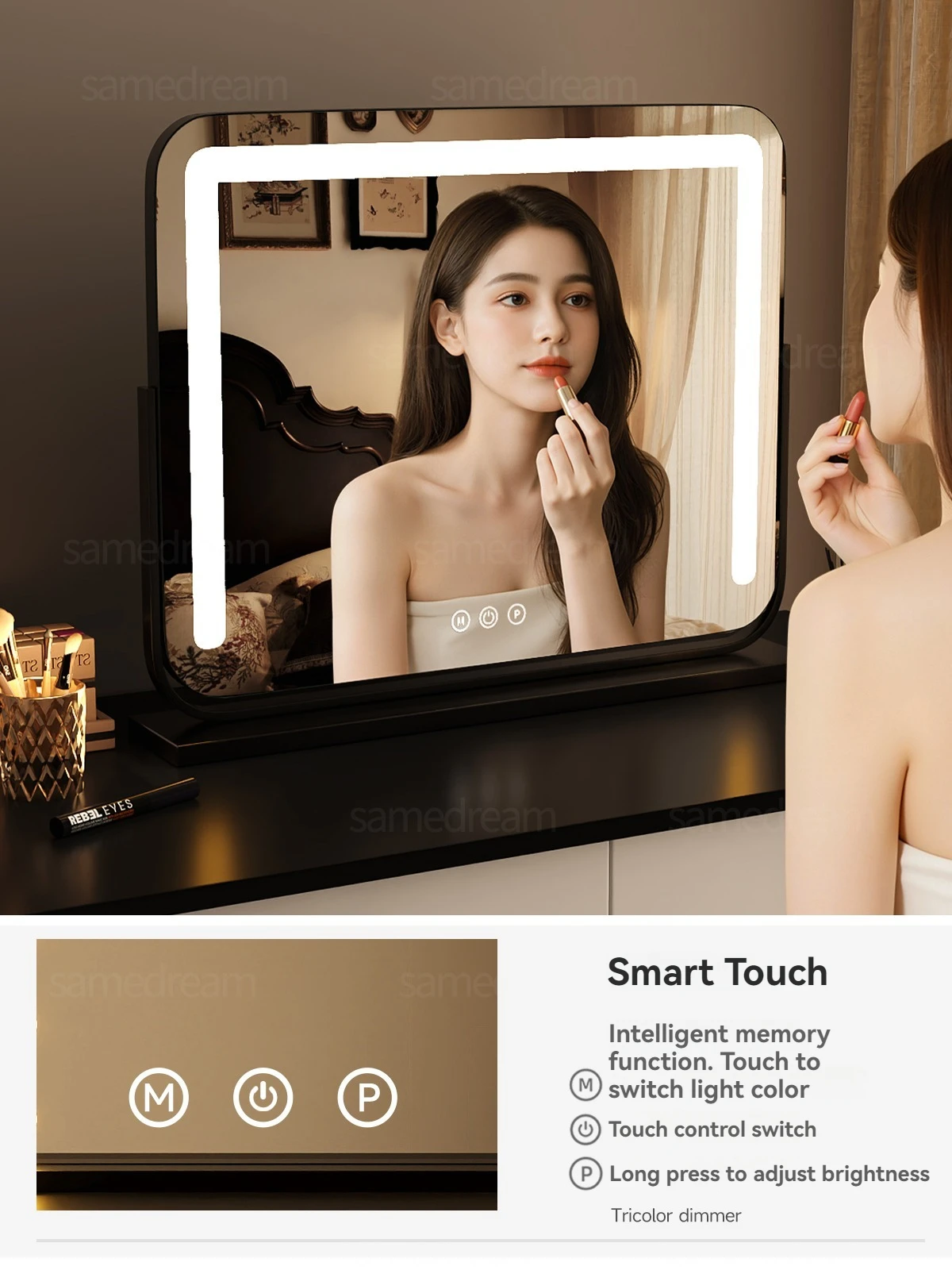 مرآة ماكياج ذكية ذات حجم كبير قابلة للدوران مع مرآة طاولة المكتب ذات قاعدة المصباح للاستخدام المنزلي الإضاءة الذكية #2