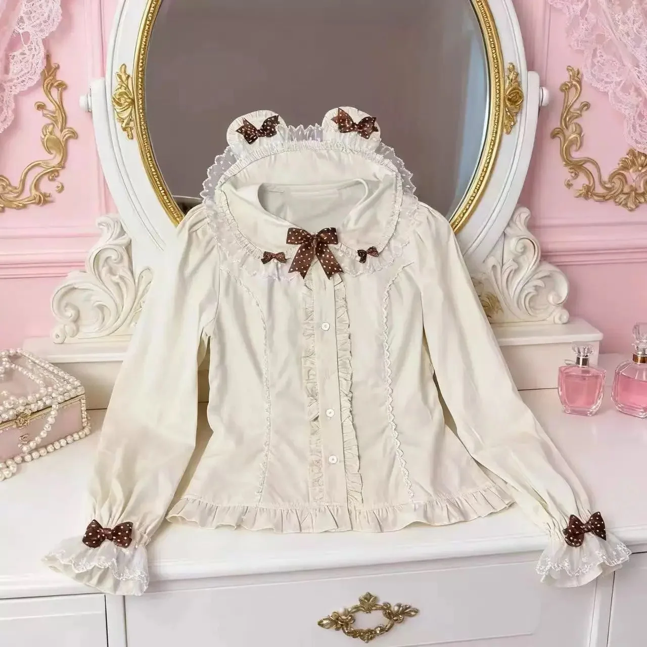 

2026 Japanese Style Long Sleeve Kawaii Cute Lace Blouse Sweet Sweet Cute Shirt Girl Lolita Bow Casual Aesthetic Shirt Woman Chic