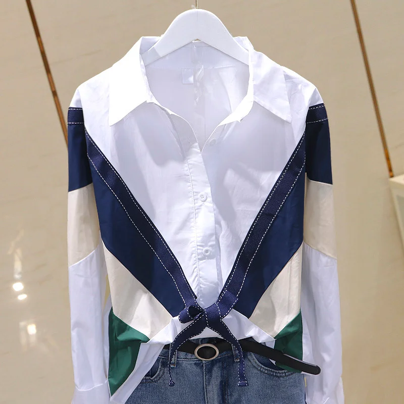 Color Block Long Sleeve Shirt Korean Sweet Bow Tie Drawstring Loose Basic Top Classic Lapel Single Breasted Blouse Autumn Women