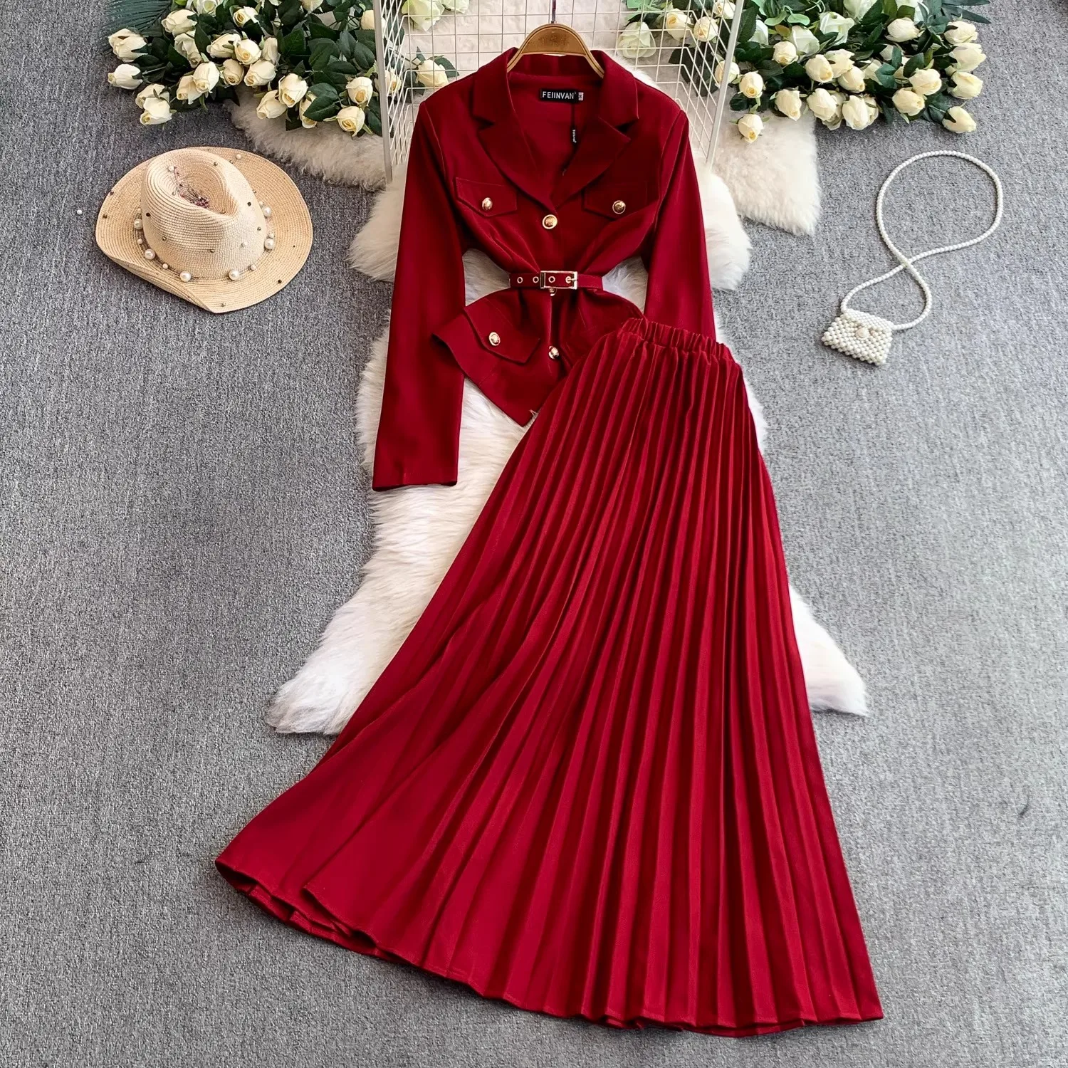 

Женский элегантный рабочий повседневный деловой костюм из 2 предметов, комплект Autunn, офисный женский однобортный пиджак с лацканами, плиссированная длинная юбка, наряды