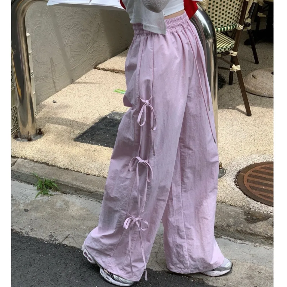

Chic Anti-Aging High Waist Side Tie Design Loose Slimming Wide Leg Casual Pants Women Summer High Waist Elastic Waistband