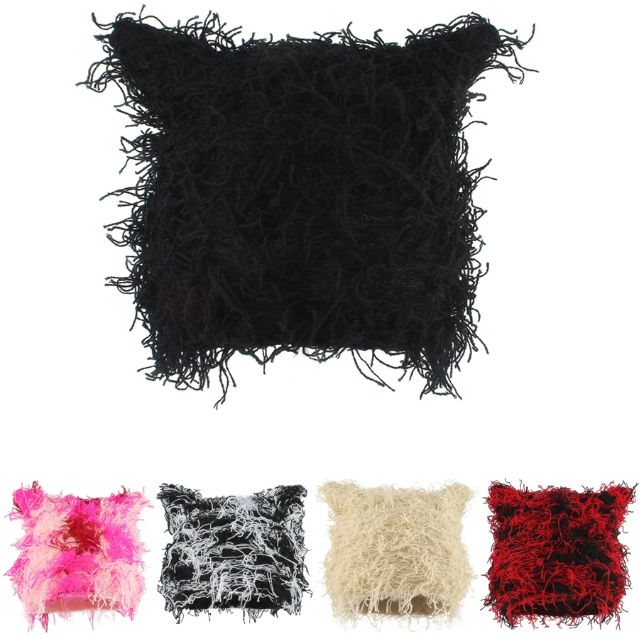 Cute cat ear furry hat outdoor street personality hip-hop windproof warm cycling knitted hat