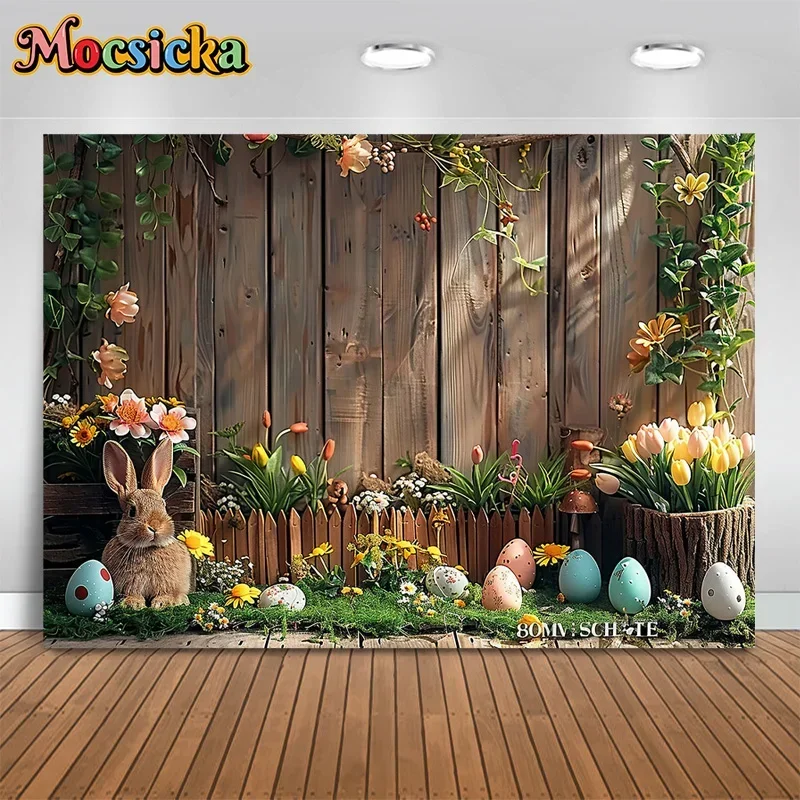 Mocsicka Spring Easter Party Photography Backdrop Happy Birthday Boardwalk Bunny Background Cake Smash Photo Banner Studio Props