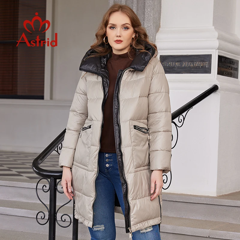 Astrid Winter Jas Vrouwen Jas 2022 Lange Oversized Mode Stiksels Hooded Vrouwelijke Kleding Rits Slit Dikke Vrouwen Parka