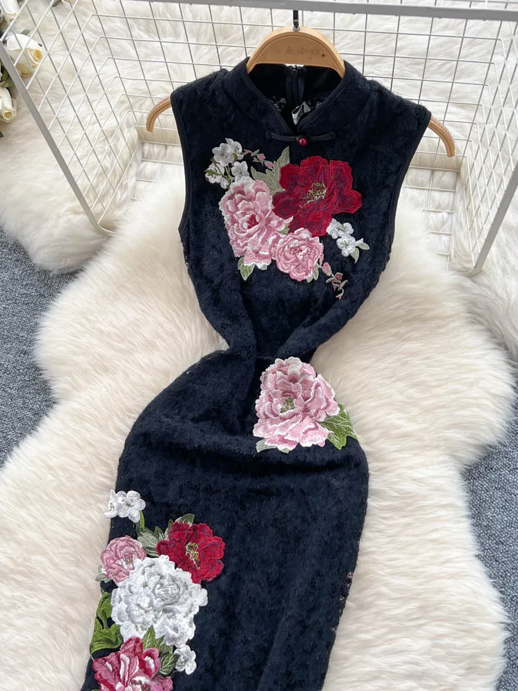 エレガントなレトロな中国風の夏のデザイン刺繍入りスリムフィットノースリーブレースドレスハイウエストAライン韓国版レディースドレス