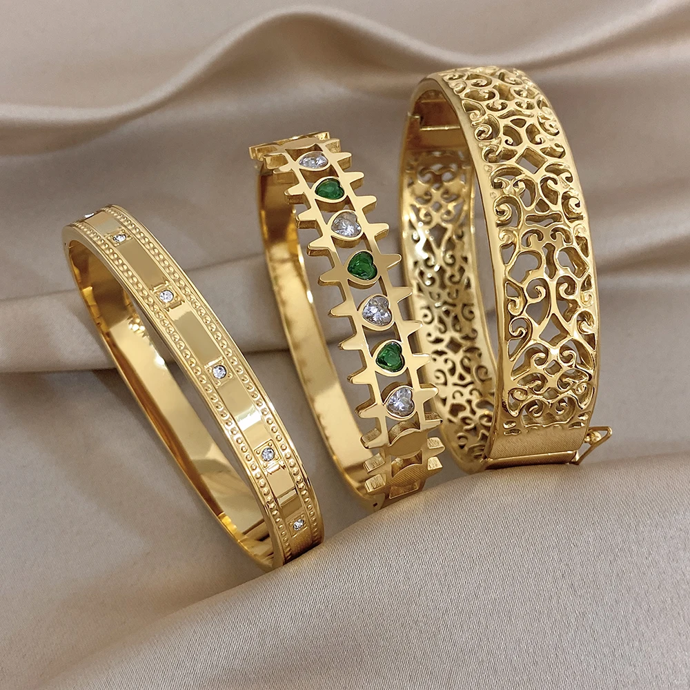 Bracelet large rétro en acier inoxydable doré, motif floral ajouré, zircon en forme de cœur, étanche, pour femme, bijou de printemps et de vacances