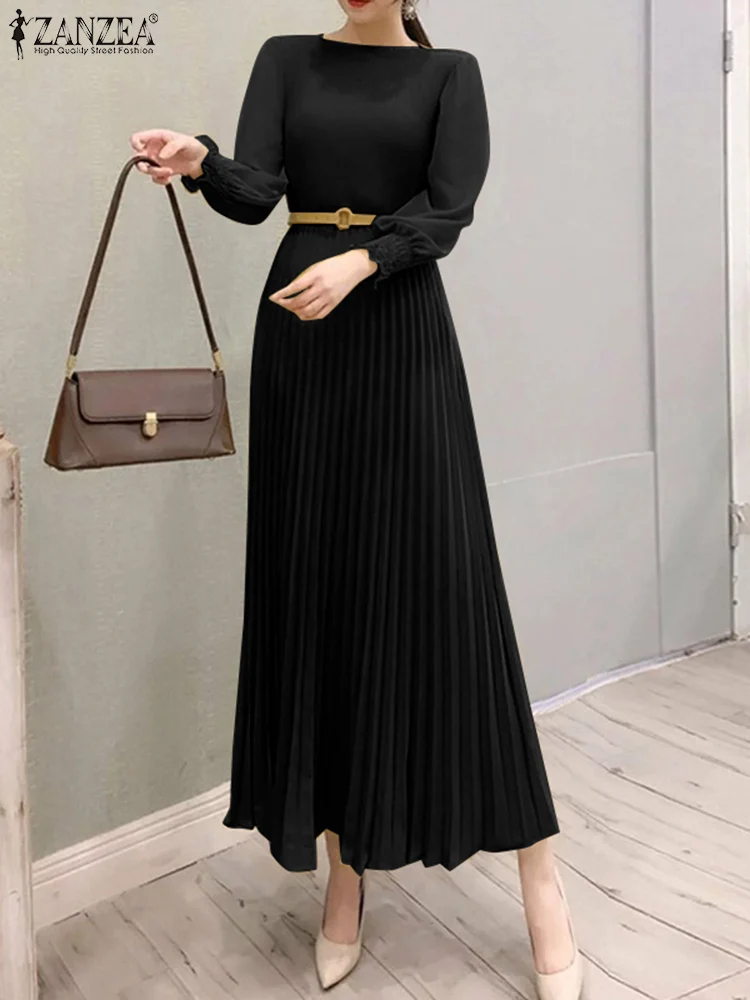 ZANZEA Smocked Cuffs O neck Party Robes Classy Long Sleeve Solid Fit and Flare Pleated Dress Commute Women Elegant Long Vestidos