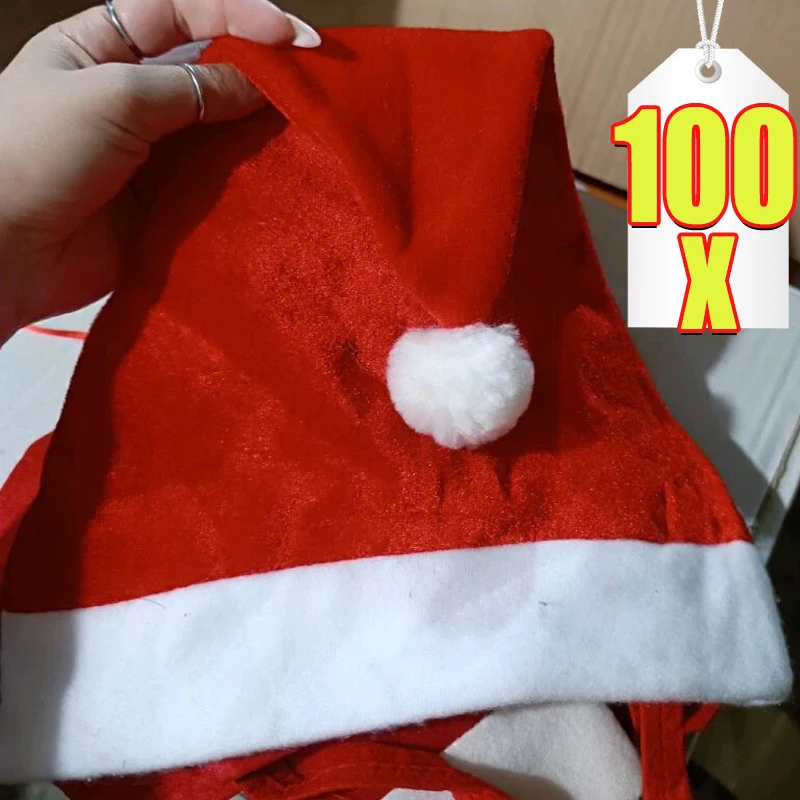 100PCS Christmas Hats, Santa Hat for Kids/Adult Unisex Warm Comfort Red Velvet Holiday Xmas Hat for New Year Festive Party Gifts