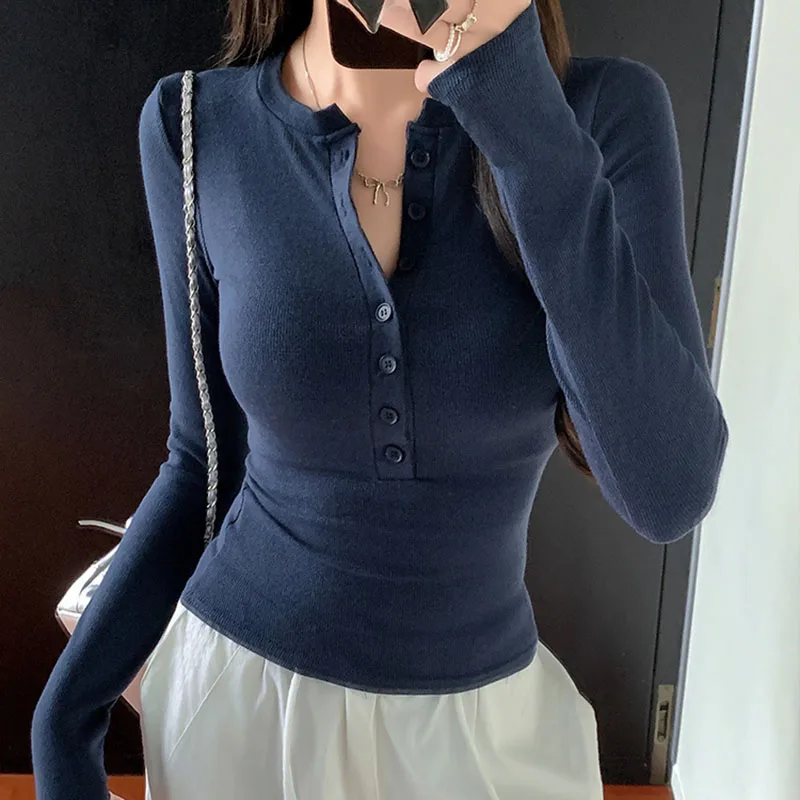 Trendy Button Long Sleeve T-Shirt 2026 New Spicy Girls Skinny Slimming Bottoming Tops Basic All-Match Casual O-Neck Solid Tees