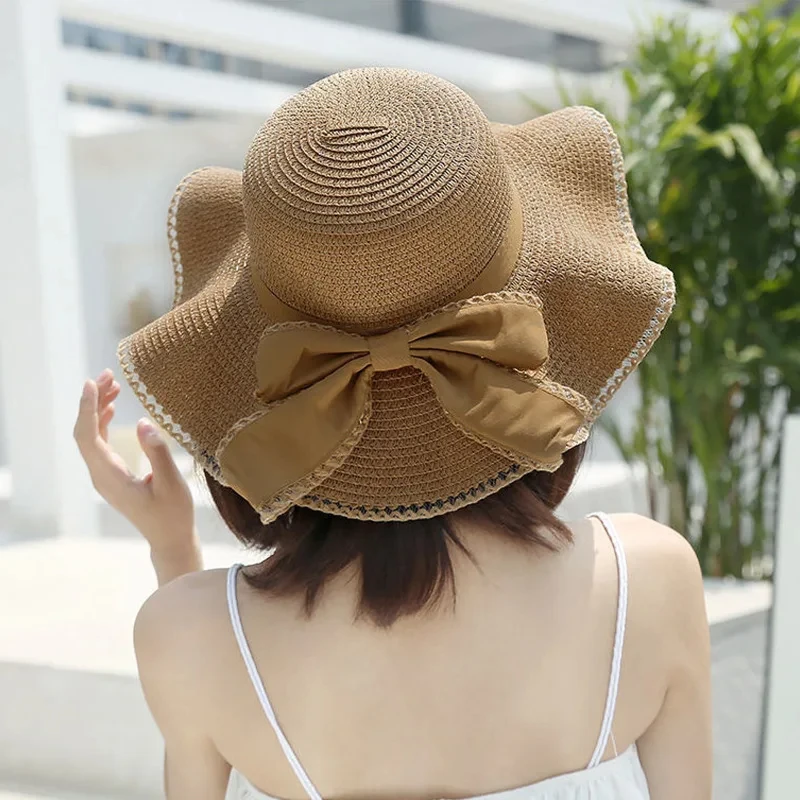 Big Bowknot Summer Straw Hat For Women Lady Wide Brim Foldable Retro Color Sunscreen Panama Cap Outdoor Beach Tour Visors Hats