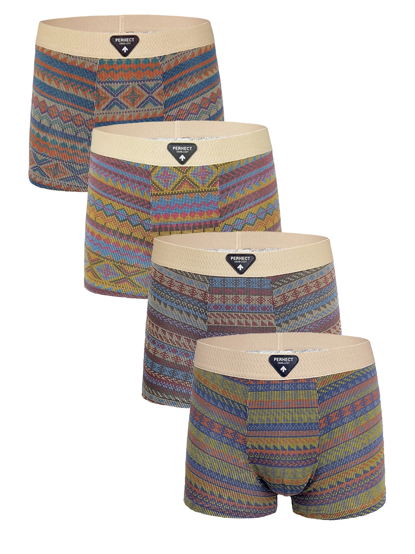 

Men's 4-Pack Boxer Briefs - "PERHECT" Logo Waistband, Ethnic Geometric Pattern Assorted Color Underwear Set