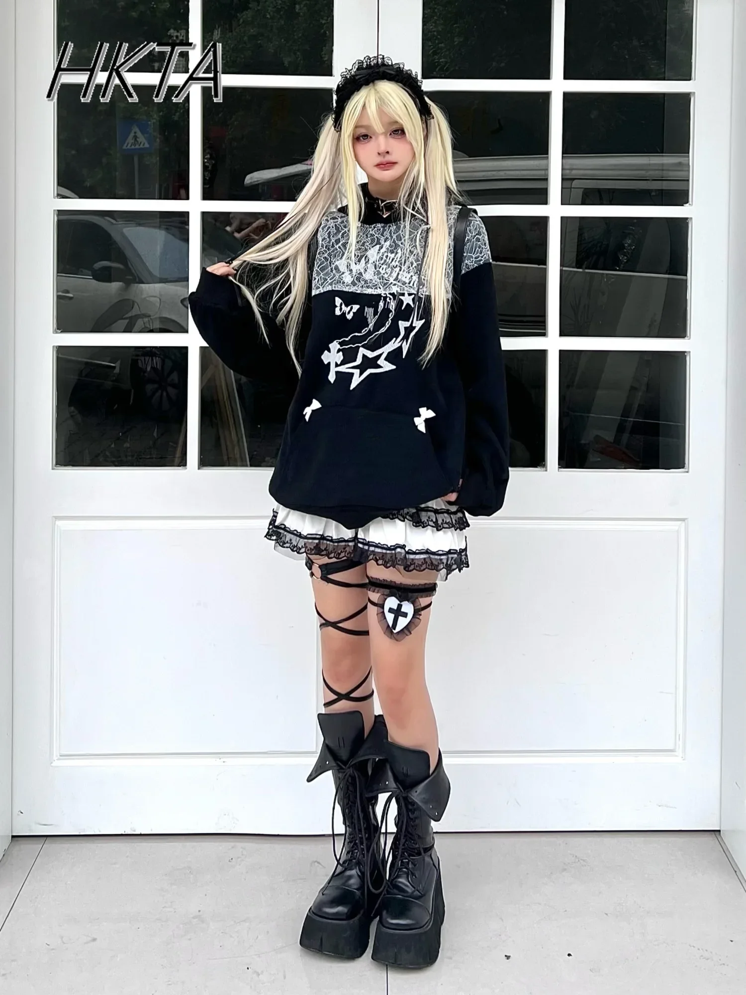 

Subculture Original Butterfly Lace Star Print Splicing Hooded Sweatshirt Jacket Autumn Winter Loose College Men and Women's Coat