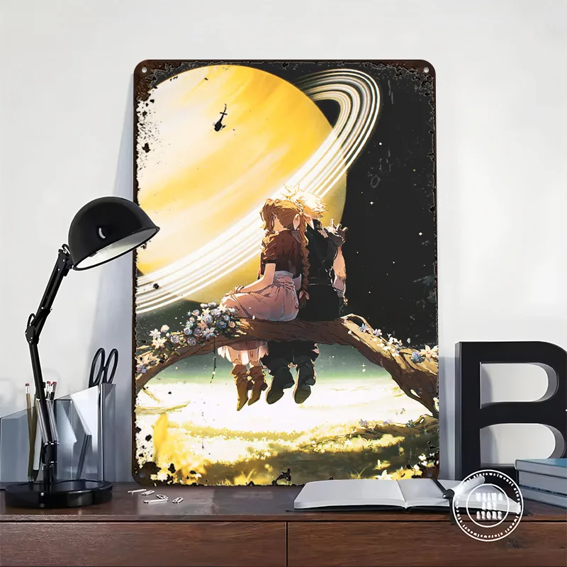 Cloud and Aerith in Space 3D Texture Printed Poster Custom Vintage Metal Tin Plate Sign for Wall Art Garage Decorations Man Cave