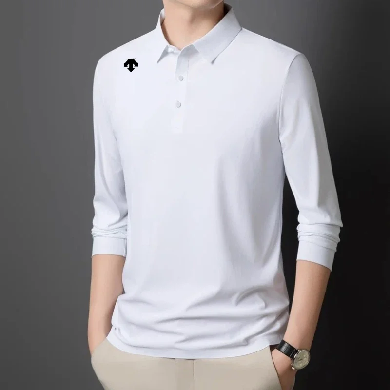 High end sports polo shirt ice silk long sleeved brand printed men's top autumn comfortable skin friendly casual Lapel T-shirt