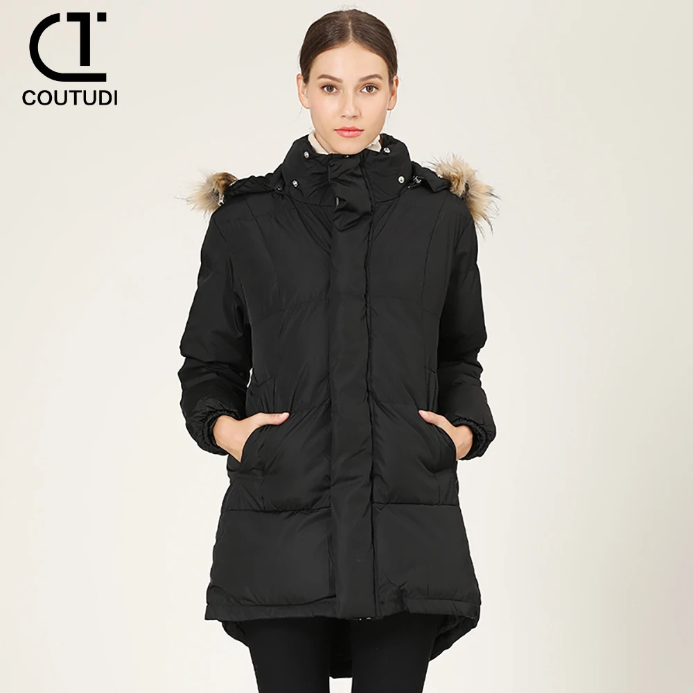 COUTUDI-Women\'s Winter Long Coats, Warm Down Cotton Jacket, Fur Collar, Hooded Parka, Overcoat, Korean Fashion Outwear, Female,