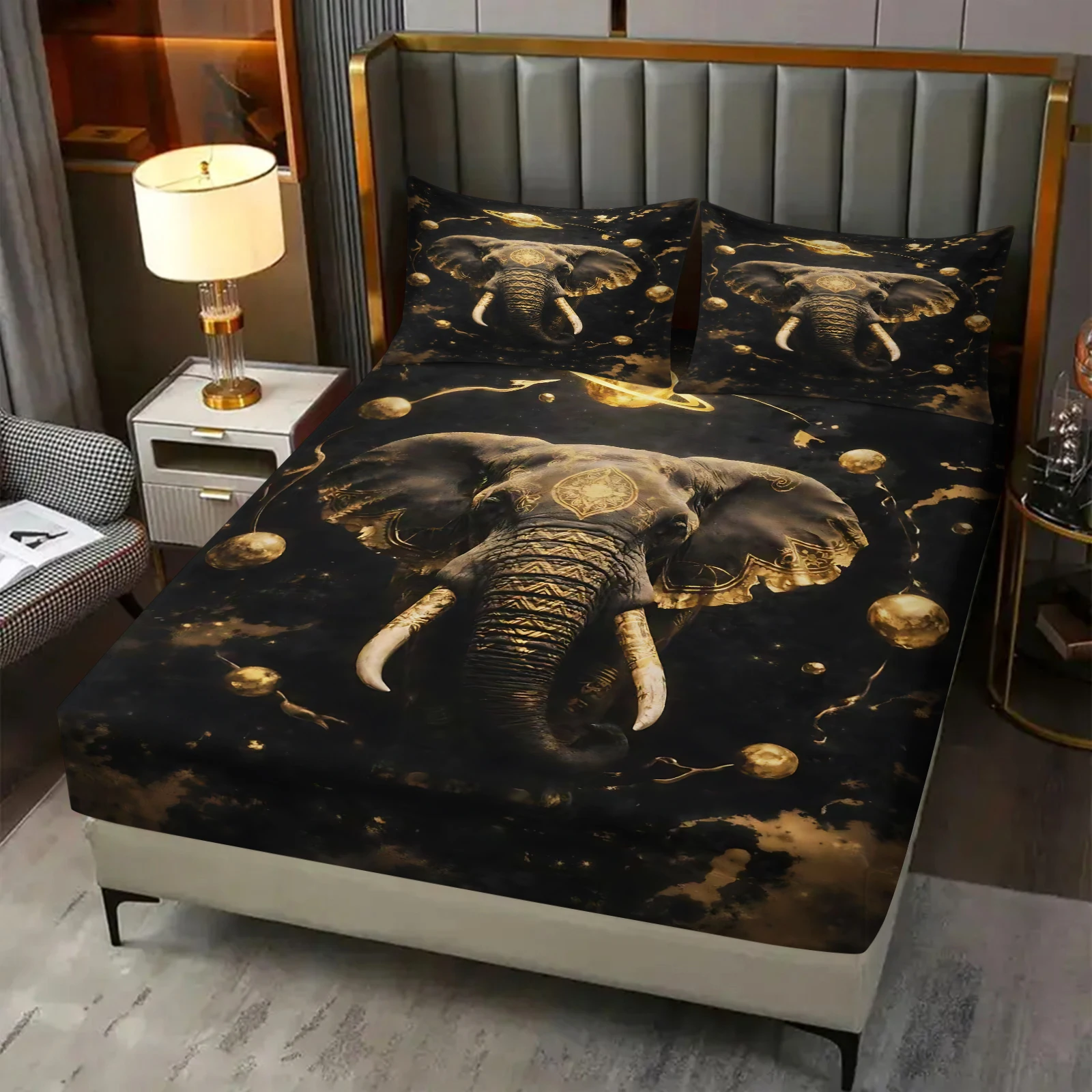 Golden Elephant Galaxy Fitted Sheet Set Black Mystical Elephant Print Bedding Set With 2 Pillowcases Deep Pocket Mattress Cover
