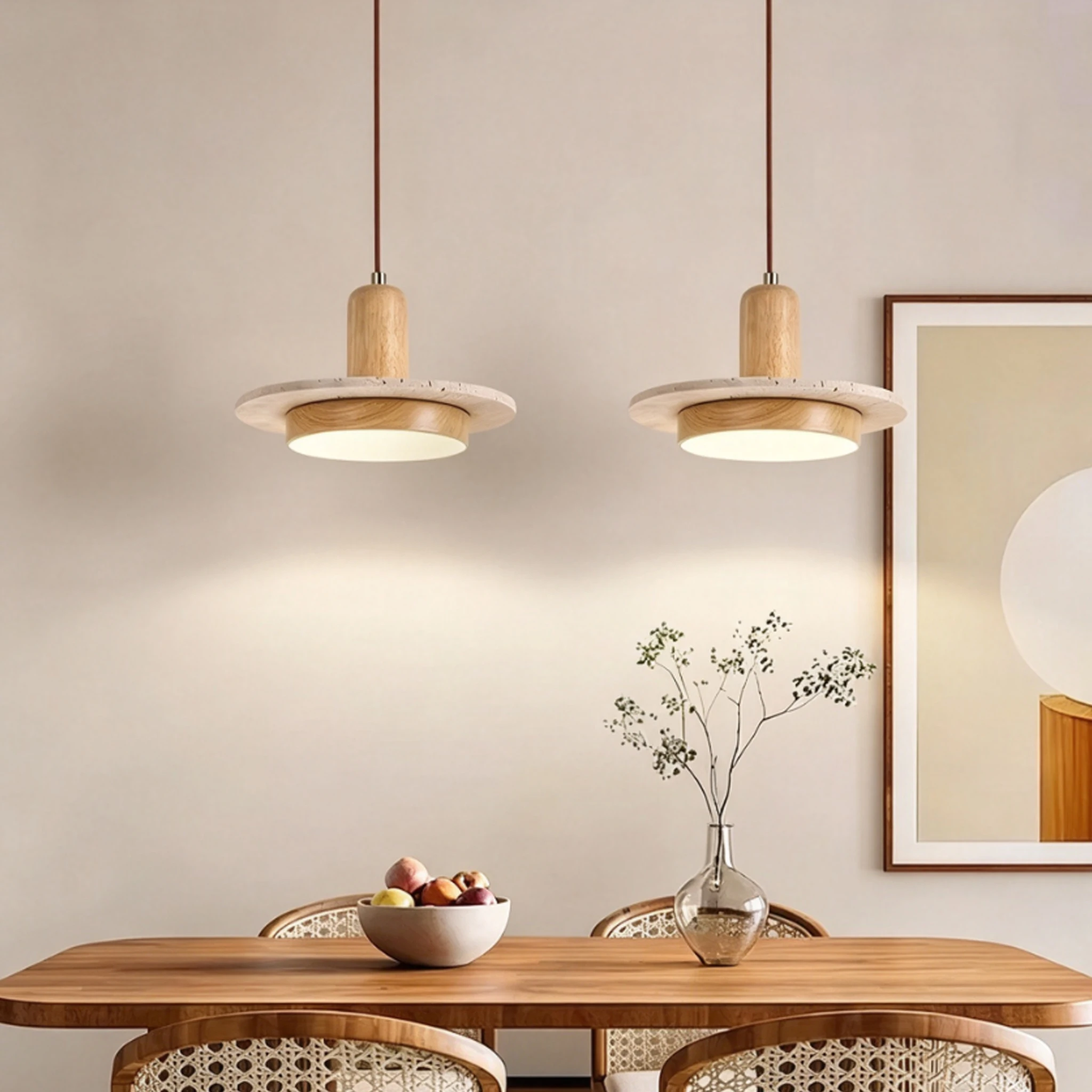 Travertine Wood Pendant Light Natural Stone LED Adjustable Cord Ceiling Chandelier Bedroom Kitchen Island Indoor Lighting
