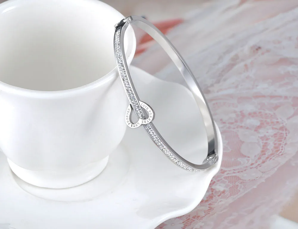 JeeMango Fashion Stainless Steel Love For Ever Rhinestone Cuff Bangles Bracelet Jewelry For Women Valentine\'s Day Gift JB19032