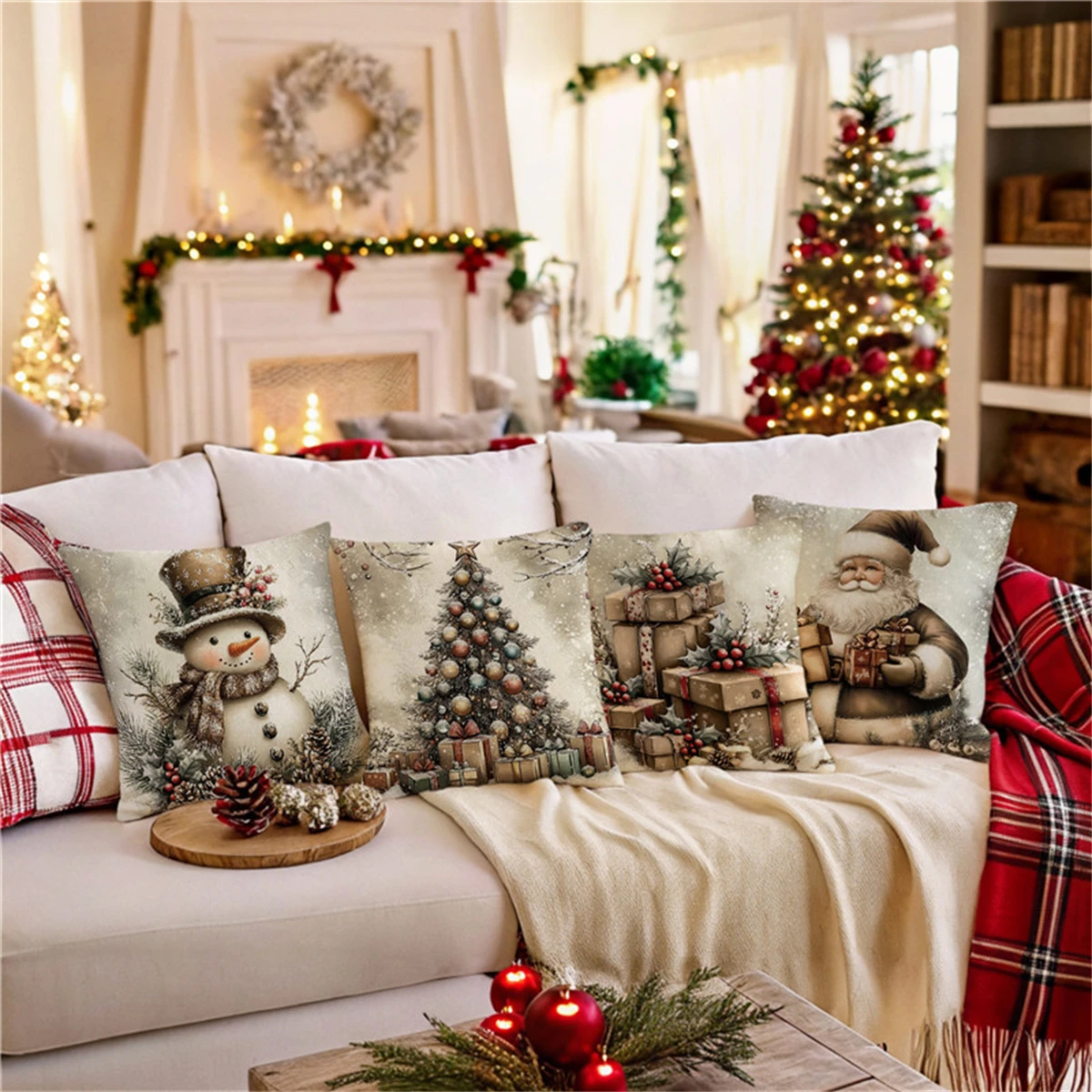 4-piece Christmas pillowcase set, 18x18 inches, suitable for living room, bedroom, Christmas decoration (without pillow core)