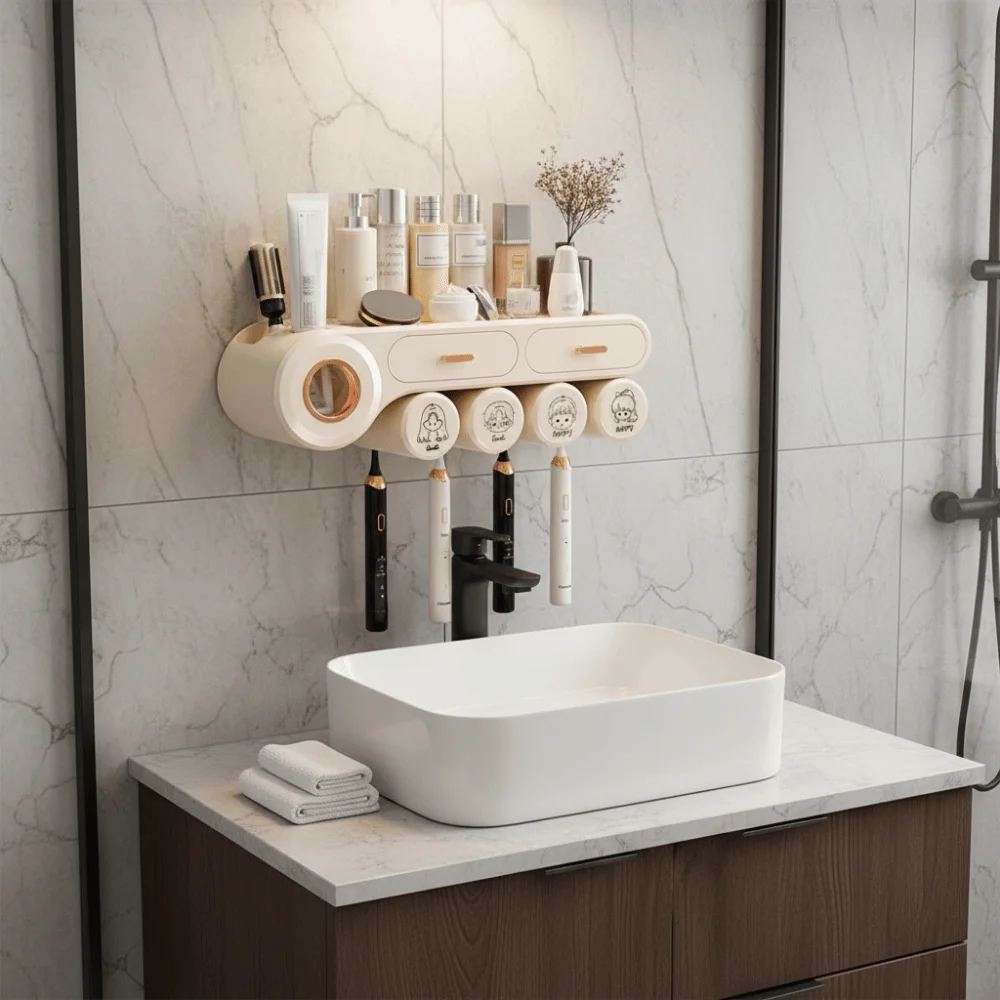 

Wall Mount Toothbrush Storage Rack 4 Person Non Perforated Toothpaste Shelf Reusable Space Saving Bathroom Storage Shelf